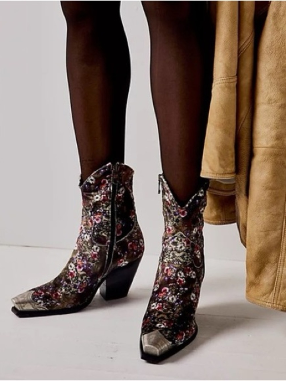 Free People Brayden Black Multi Floral Western Ankle Boots with Metallic Toe